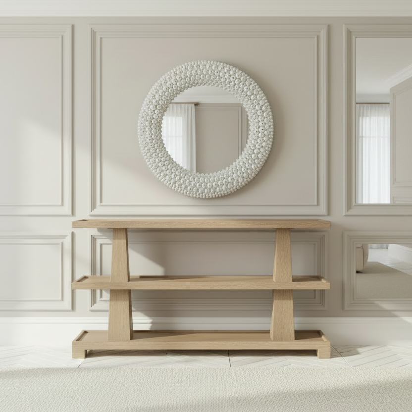 Wooden console table with decorative mirror in a room with light-colored walls and flooring.
