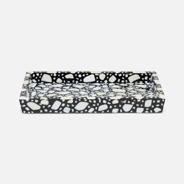 Rectangular tray with black and white abstract pattern on a white background