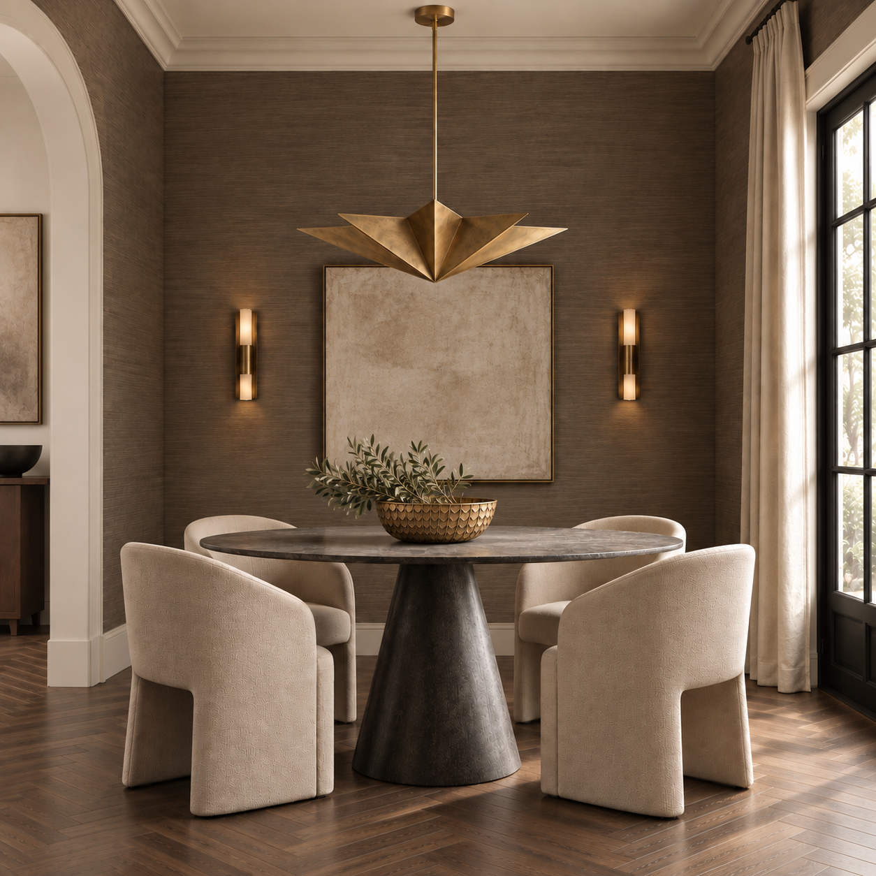 brass star pendant hanging in a neutral dining setting