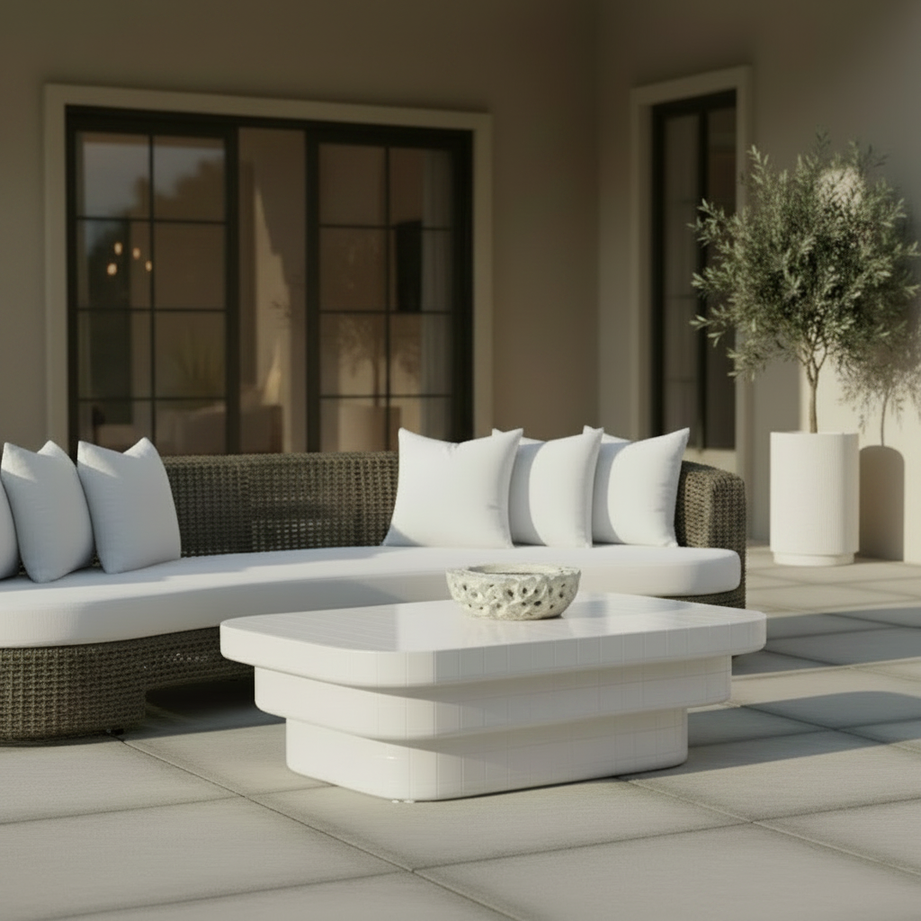 Modern outdoor patio furniture set featuring a curved wicker sofa with white cushions, a low white rectangular coffee table, and a decorative bowl, set against a neutral beige wall with large window panes and a potted olive tree.