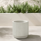 A cylindrical white textured planter pot with a ribbed exterior, set on a light concrete patio in front of a white brick wall and green plants.