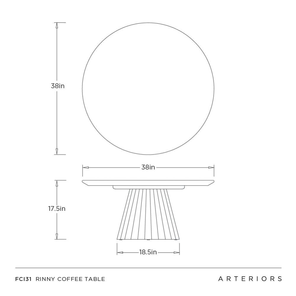 Technical drawing of a coffee table with dimensions labeled, featuring the brand 'Arteriors'.