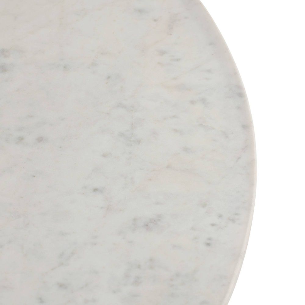 Round marble tray with a light gray and white pattern on a white background