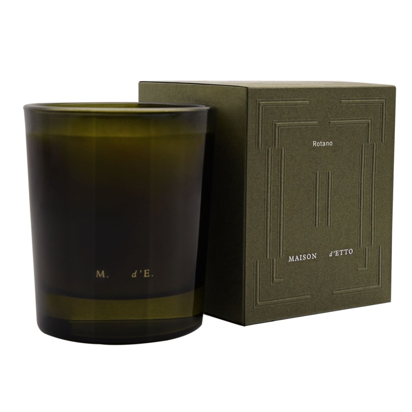 Dark green candle with a matching box on a white background