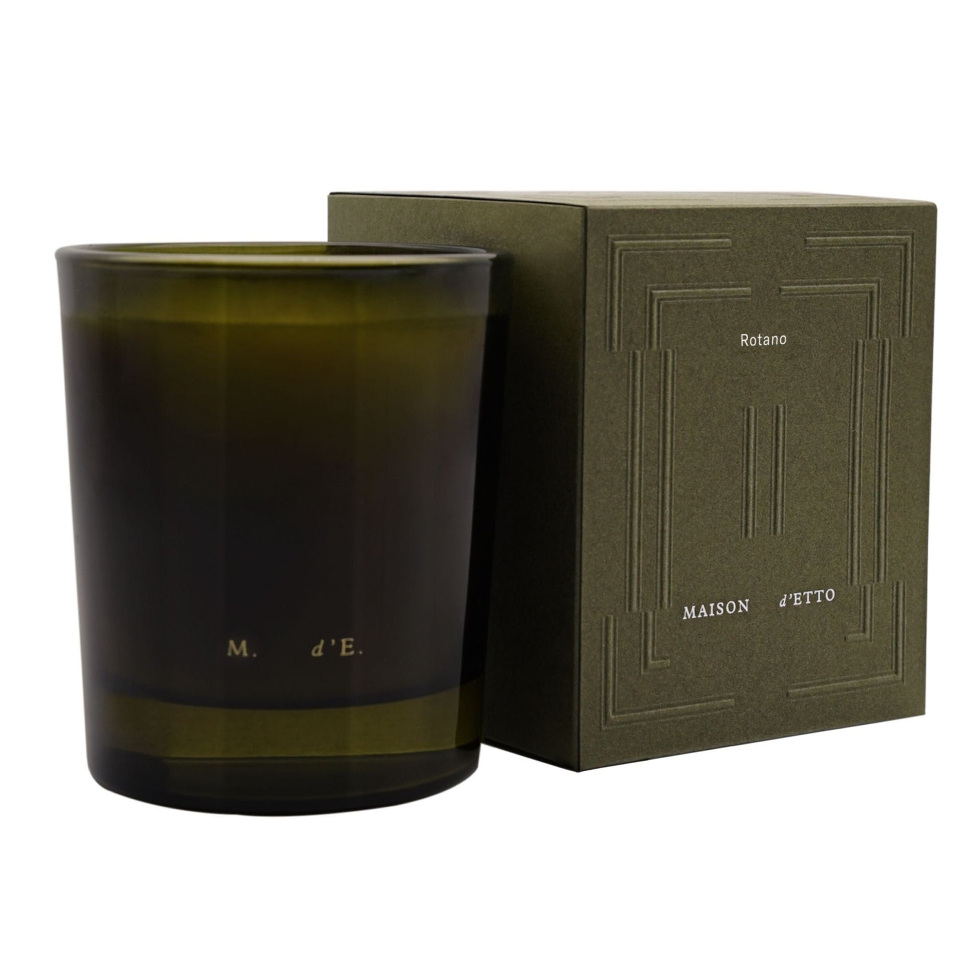 Dark green candle with a matching box on a white background
