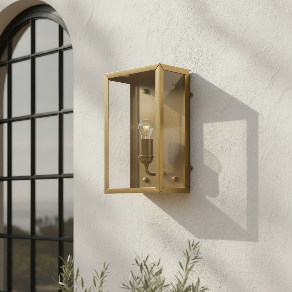 A rectangular outdoor wall sconce with a brass-gold frame and clear glass panels, mounted on a textured white stucco wall next to a black arched window.