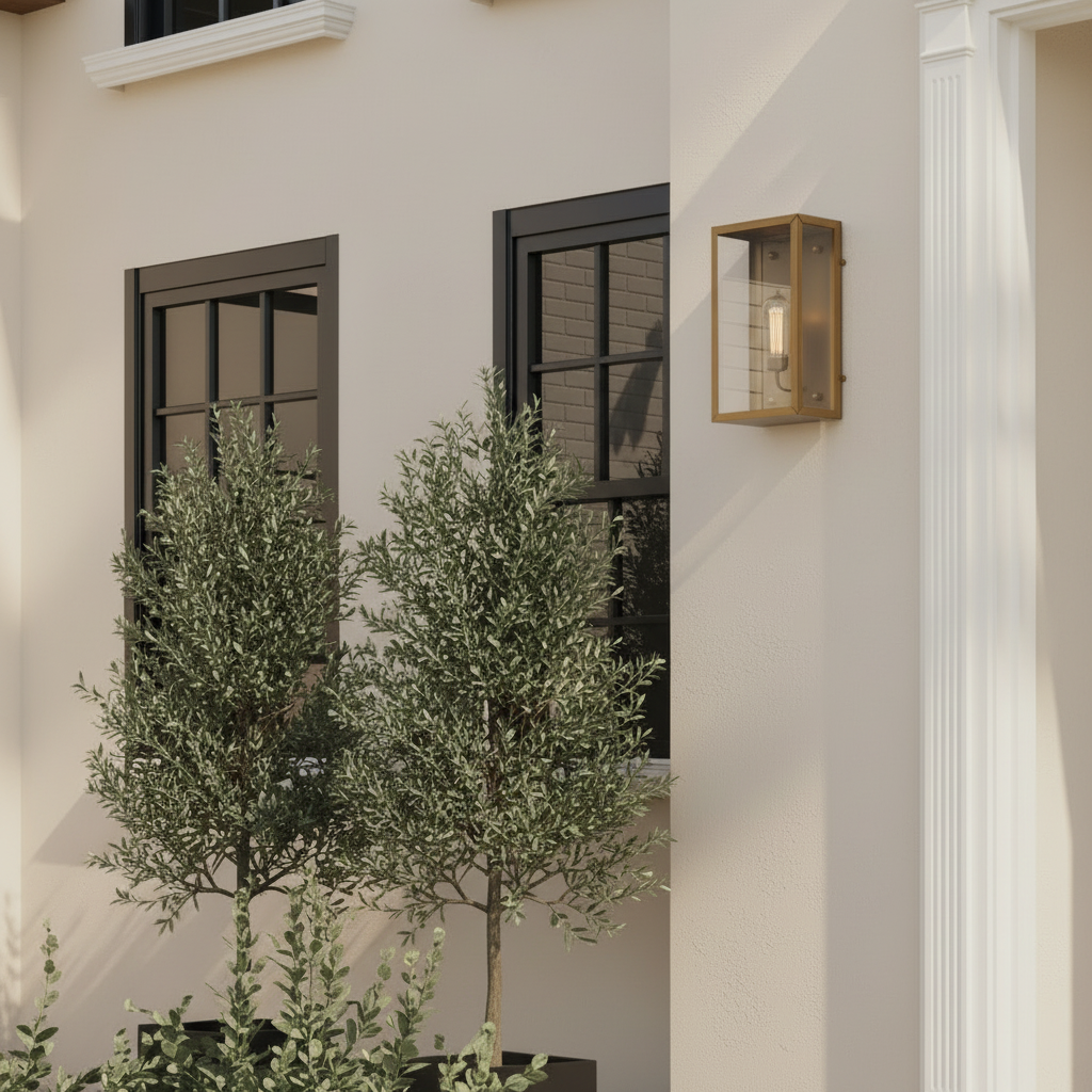 A modern outdoor wall sconce light fixture with a warm brass finish and a lit glass lantern-style shade, mounted on a beige stucco house exterior next to dark-framed windows and green plants.
