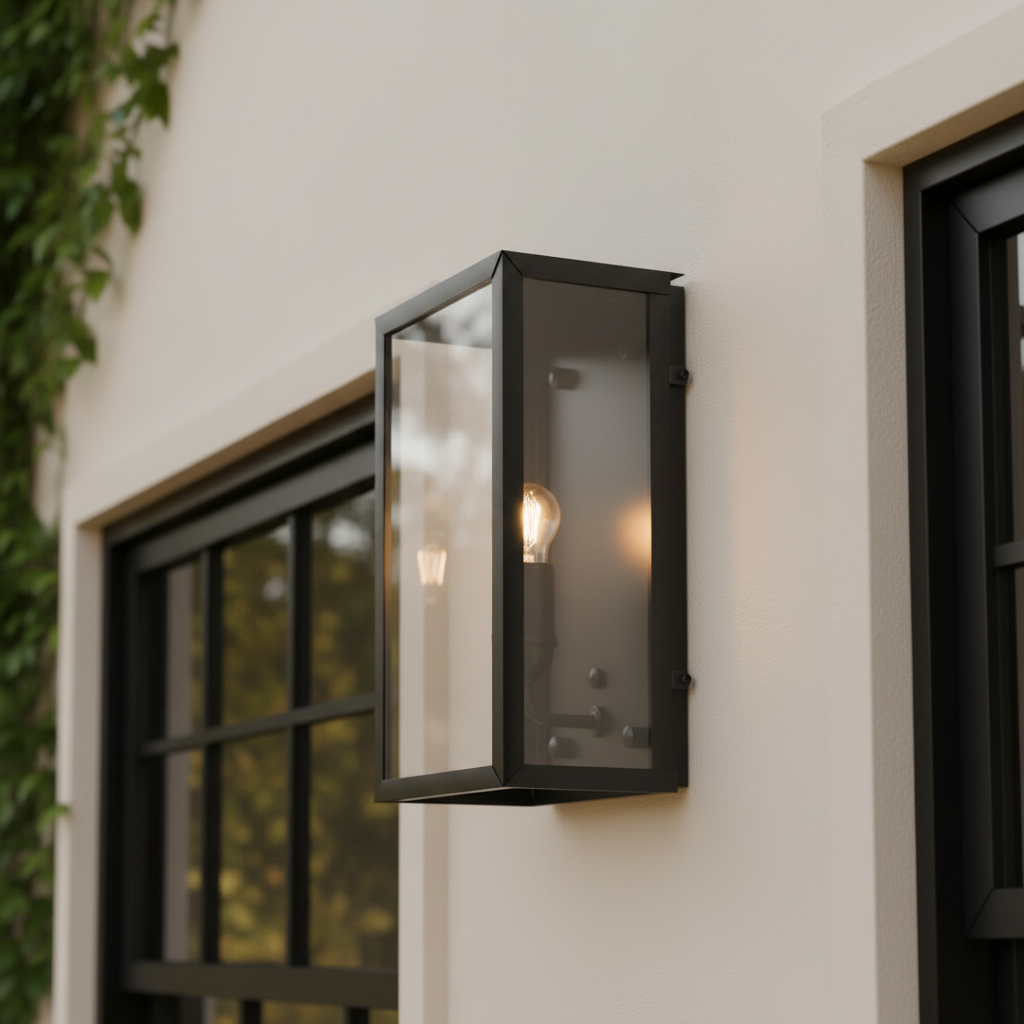 A rectangular black metal outdoor wall sconce with a glass shade and visible glowing bulb, mounted on a white exterior wall next to a dark-framed window.