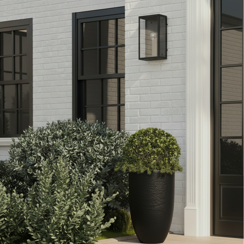 A black outdoor wall sconce light fixture mounted on a white brick house exterior, positioned above a large black planter with a green topiary and next to a white column and dark-framed windows.