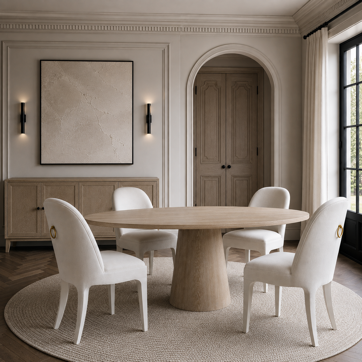 A round light wood dining table surrounded by four white upholstered chairs with gold-toned ring details, set on a round woven rug in a bright, elegant dining room with cream walls, an arched doorway, and wall sconces.