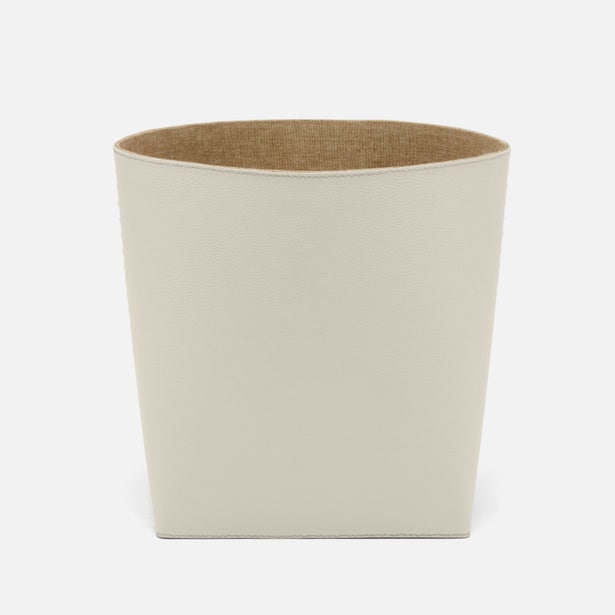 Beige trash can with a brown interior on a white background