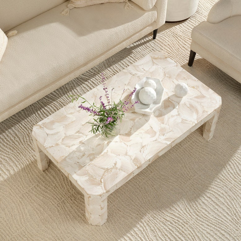 Coffee table with decorative items in a living room setting