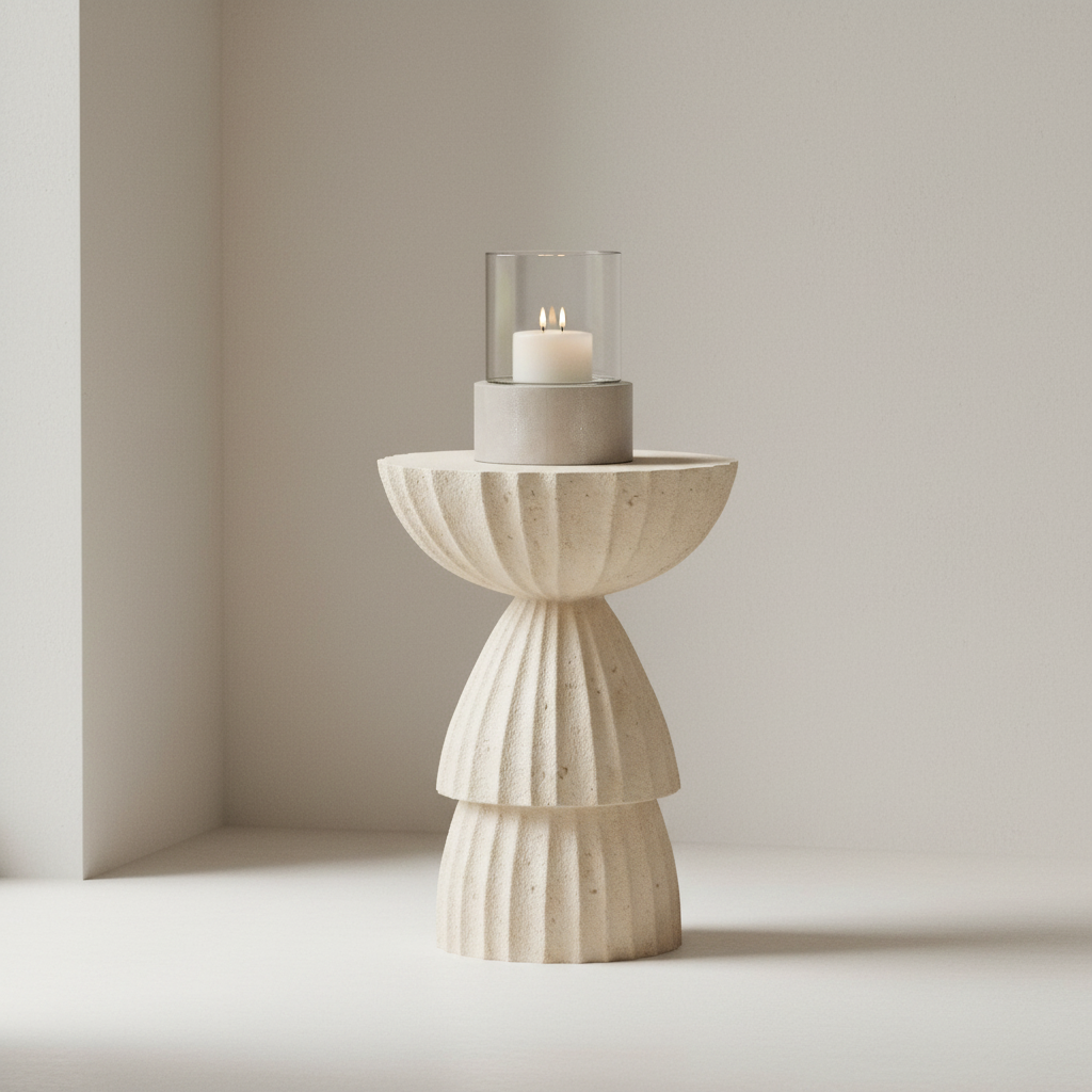 Decorative candle holder with a candle on a neutral background