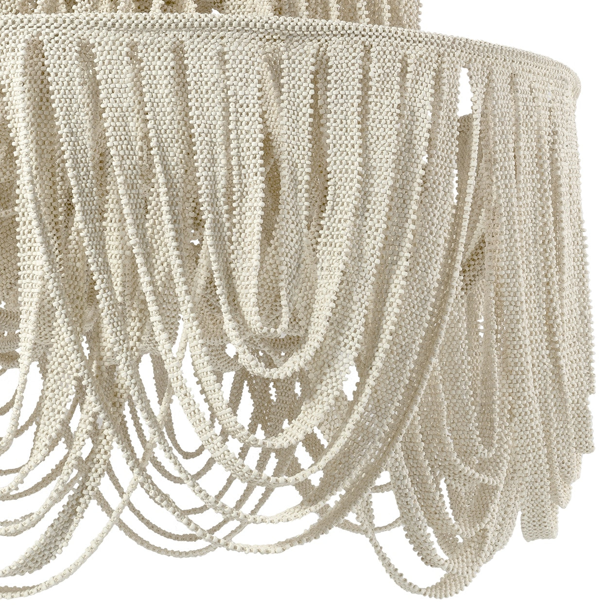 Close-up of a beaded chandelier with intricate details on a white background