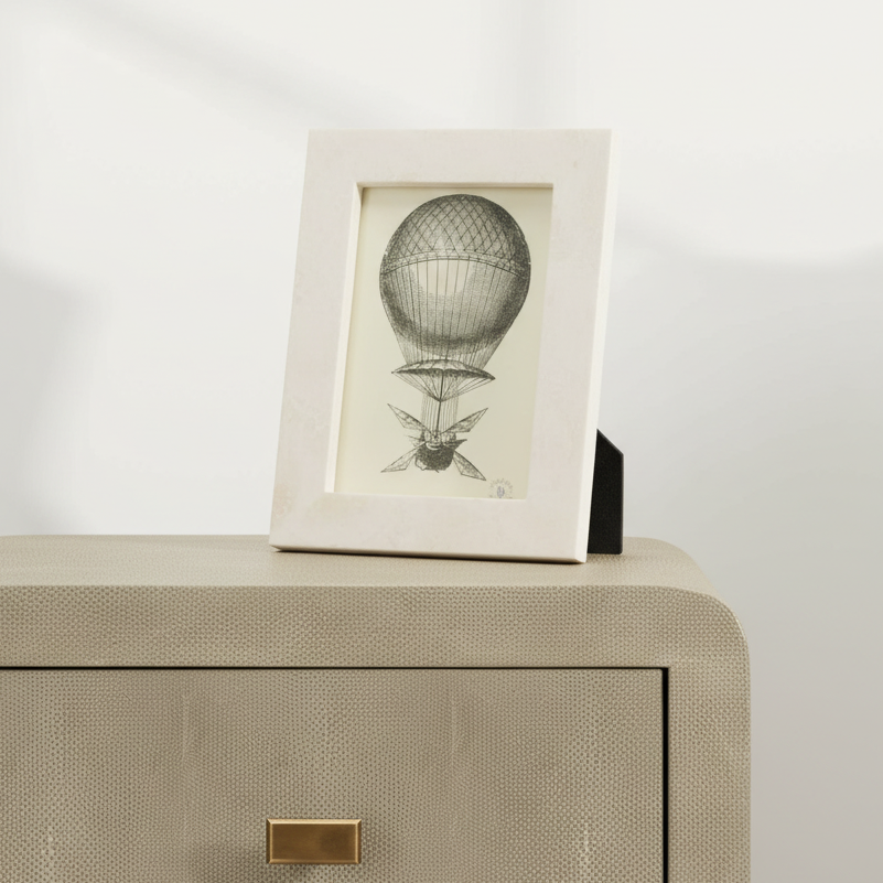 Framed illustration of a hot air balloon on a beige surface with a white background