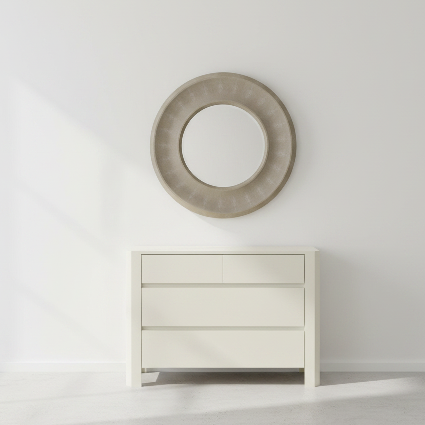 Round mirror with a textured frame above a white dresser against a light gray wall.