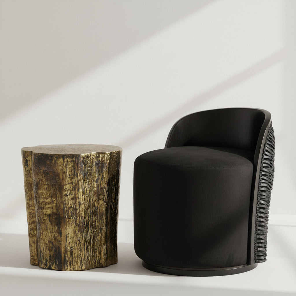 Black chair and wooden stool on a white background gretel chair