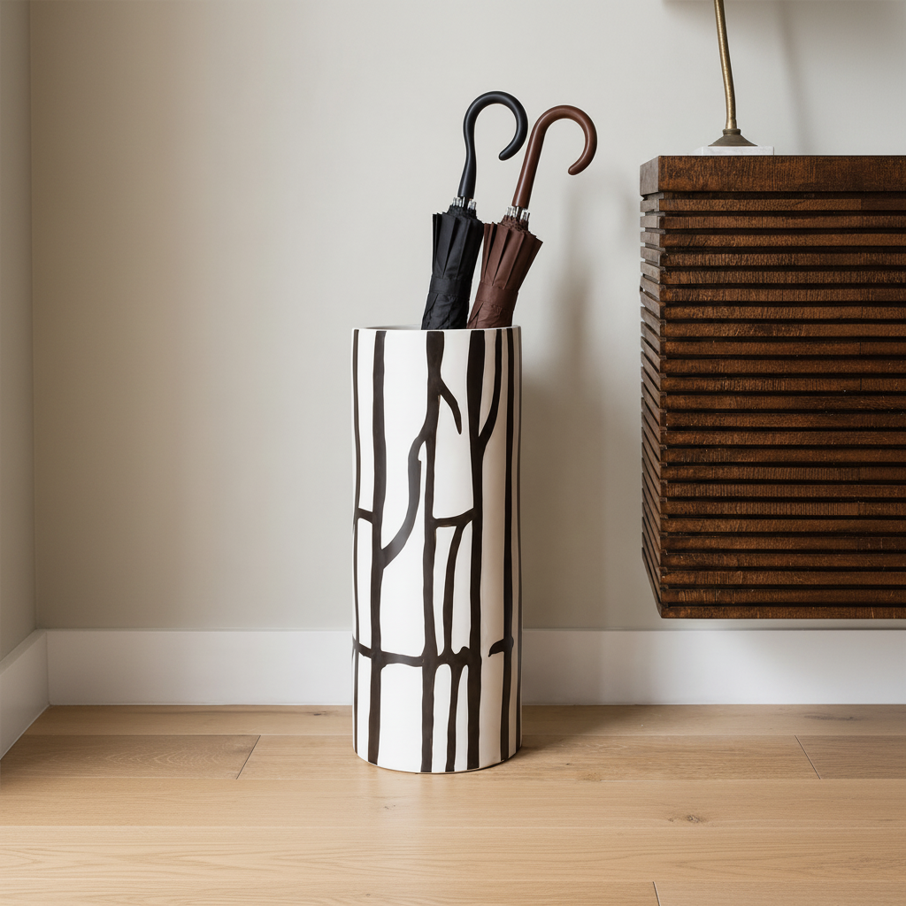 Umbrella stand with black and white design holding two umbrellas against a neutral wall.