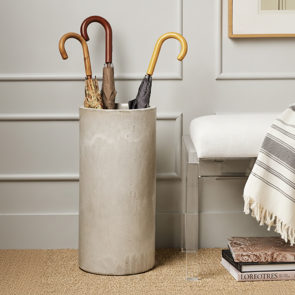 Concrete umbrella stand holding three umbrellas against a neutral wall.