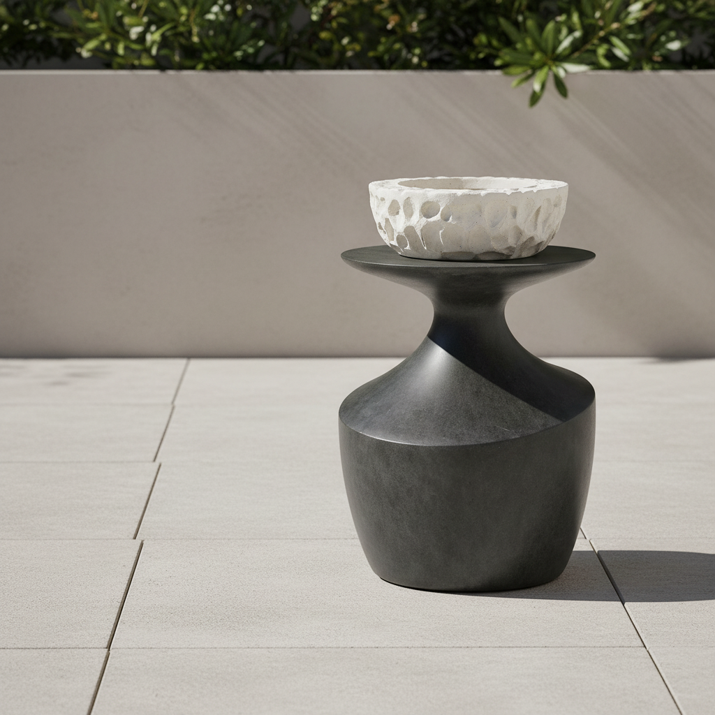 Decorative stone bowl on a matching stone stand outdoors