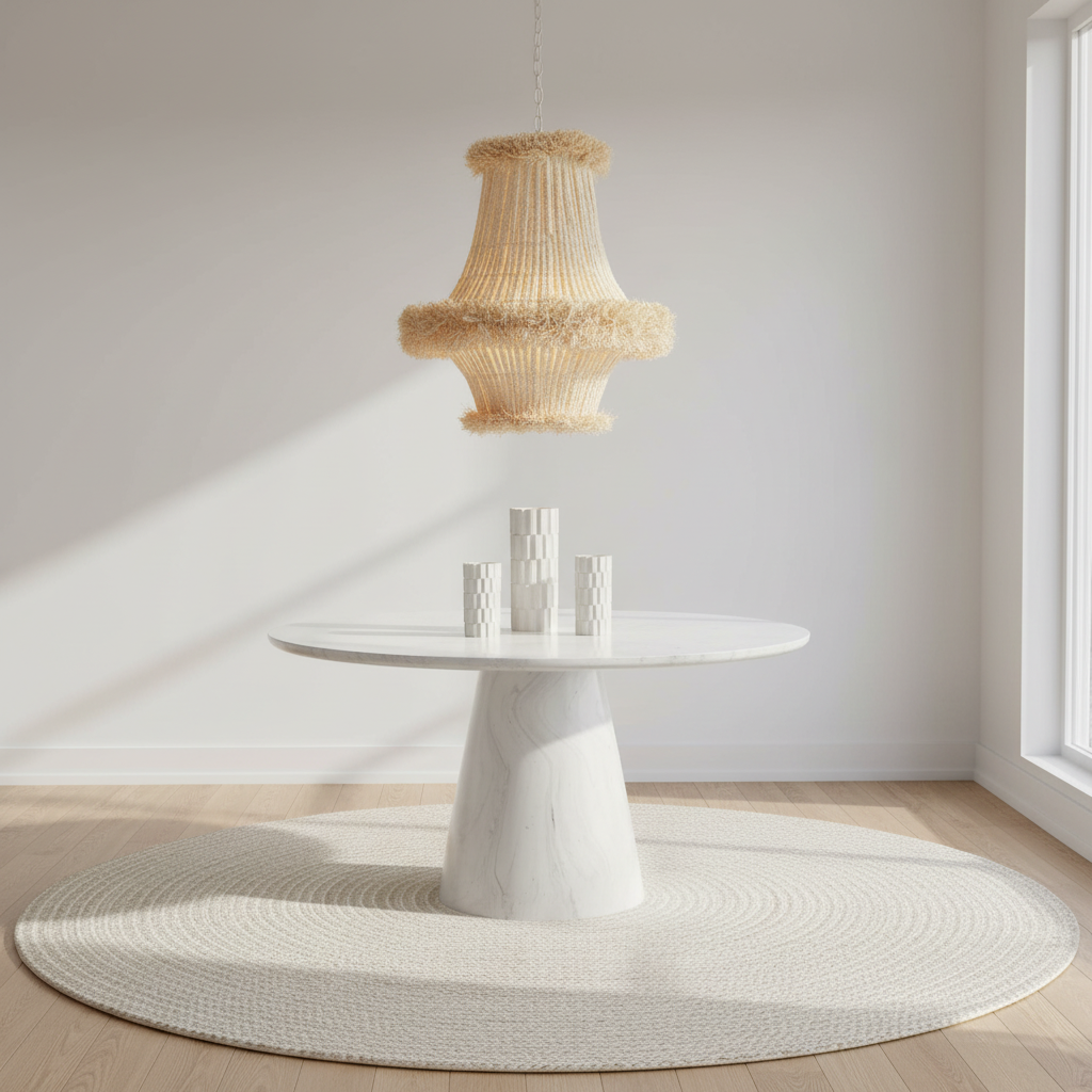 Modern white dining table with a textured pendant light in a minimalistic room.