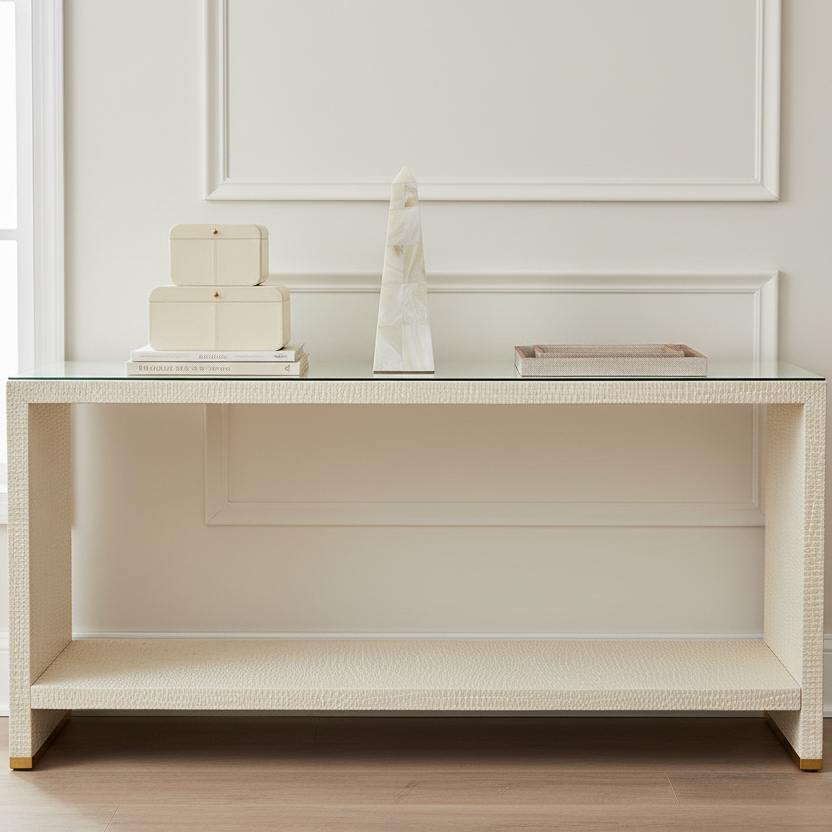 White console table with decorative items against a neutral wall.