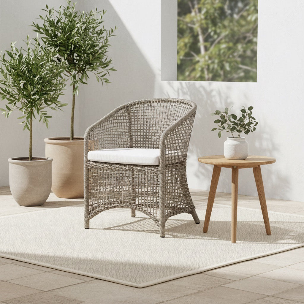 Wicker chair with a white cushion on a patio with potted plants and a wooden side table.