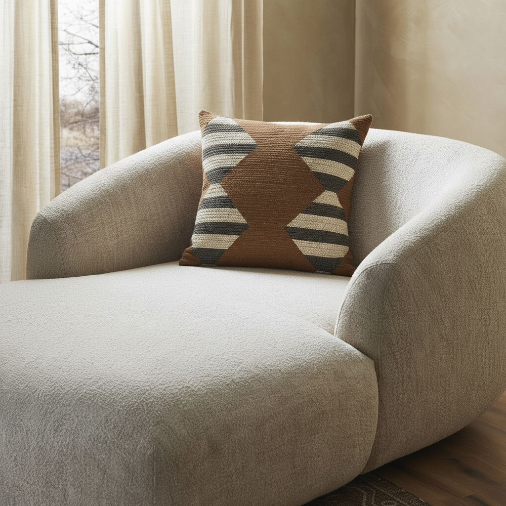 Beige armchair with a patterned pillow in a room with curtains.