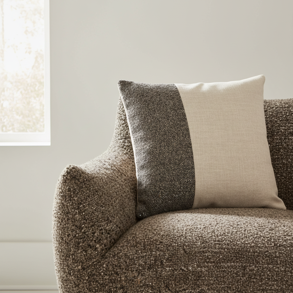 Brown textured sofa with two pillows in a neutral setting