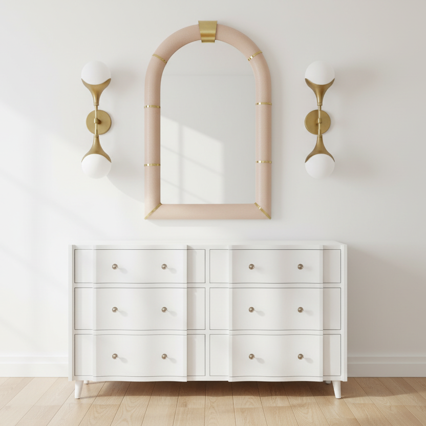 White dresser with gold accents against a white wall with decorative mirrors and lights.
