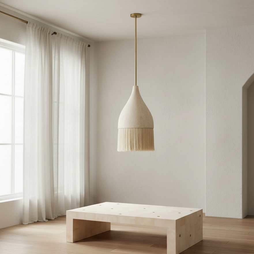 Minimalist room with a wooden table and pendant light fixture.