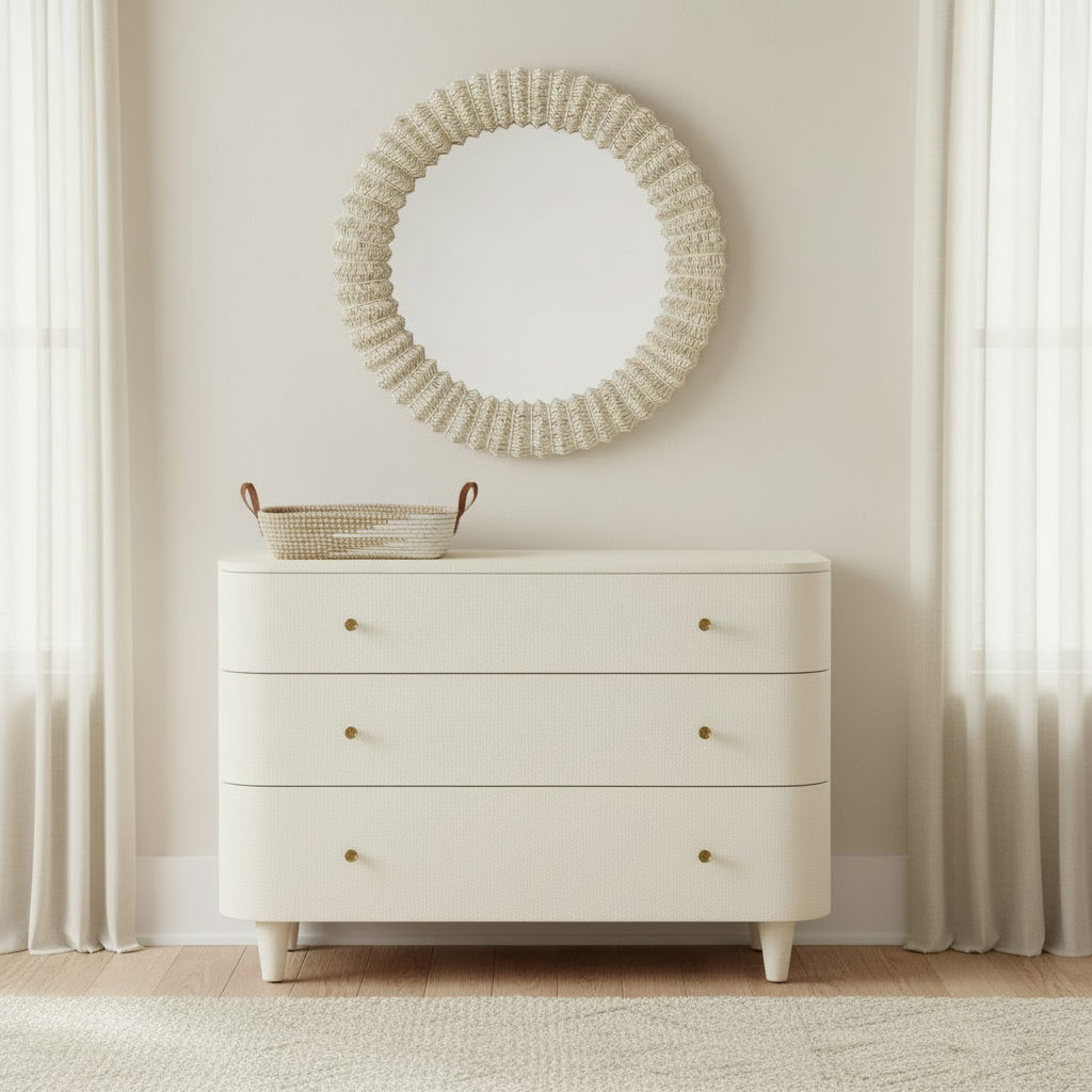 White dresser with a round mirror above it in a room with curtains. (Antigua mirror pa and olivia dresser pristine mg)