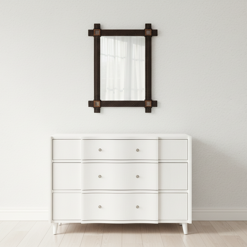 White dresser with a dark wood mirror on a light gray wall. (Essery 48" Dresser Pristine)