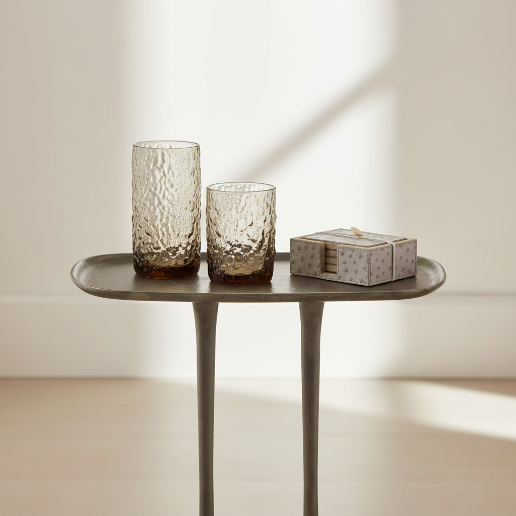 Two textured glass tumblers on a small round table with a light background