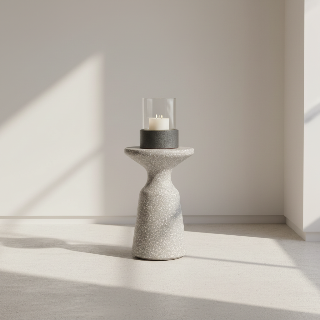 Cylindrical candle holder with a candle on a light wooden floor with soft shadows