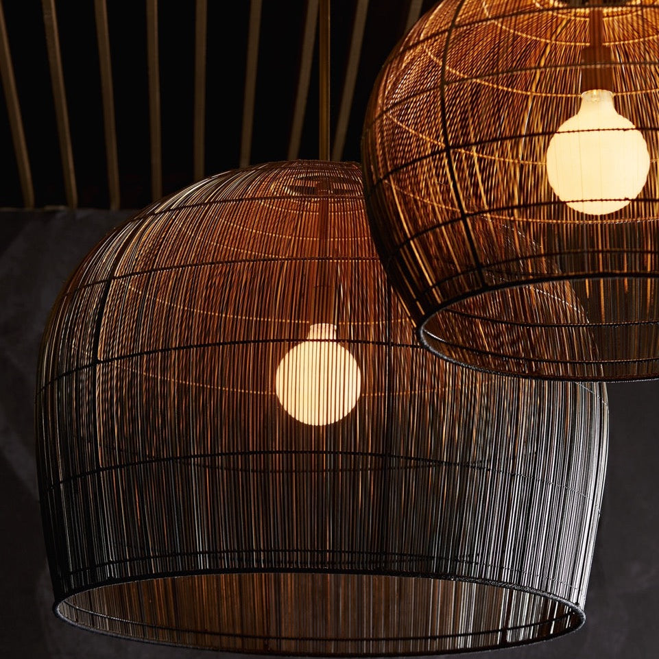 Woven pendant lights with a dark background