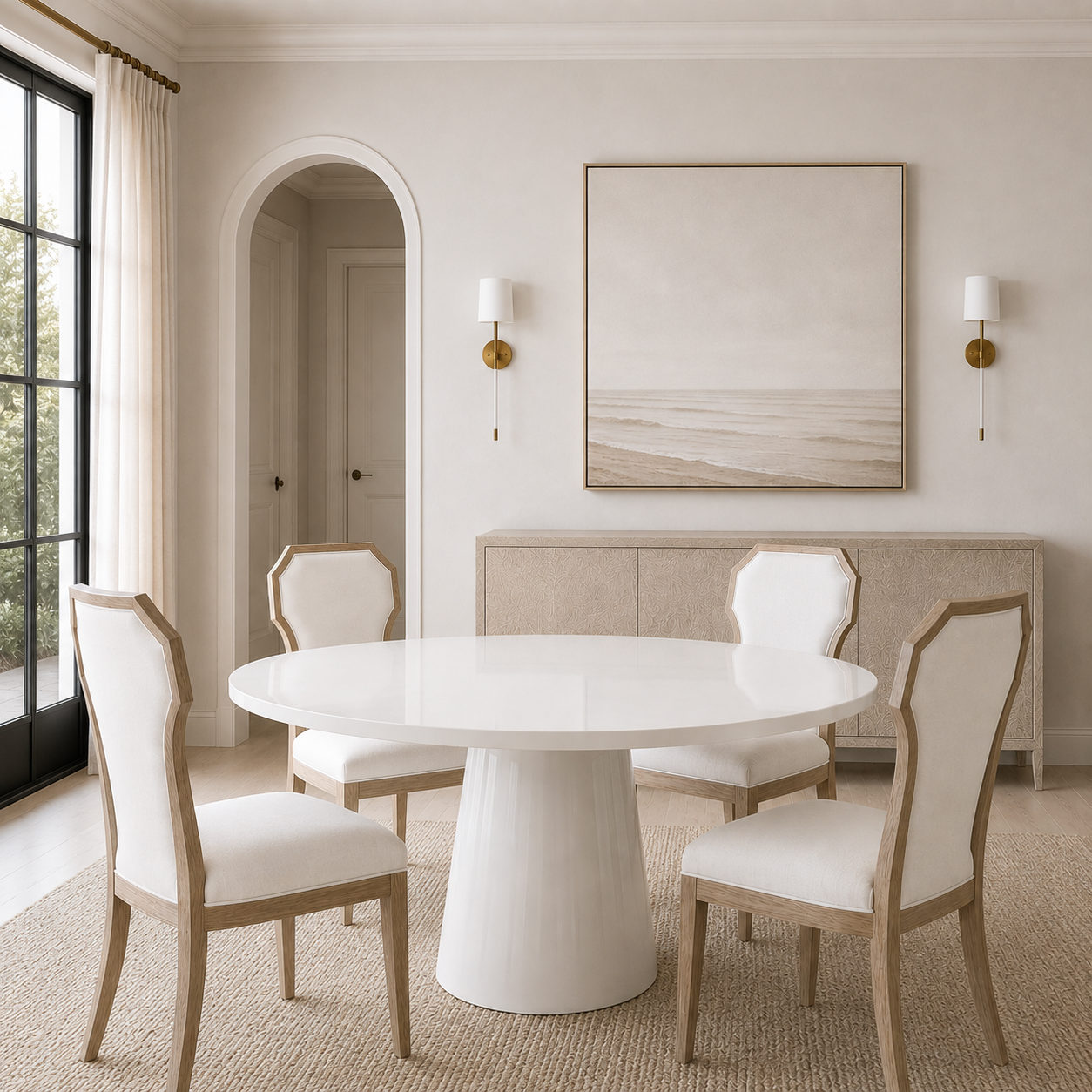 A round white dining table with four upholstered chairs in a bright, modern dining room. The room features a light beige sideboard, a large abstract painting, gold wall sconces, and a black-framed window on the left.