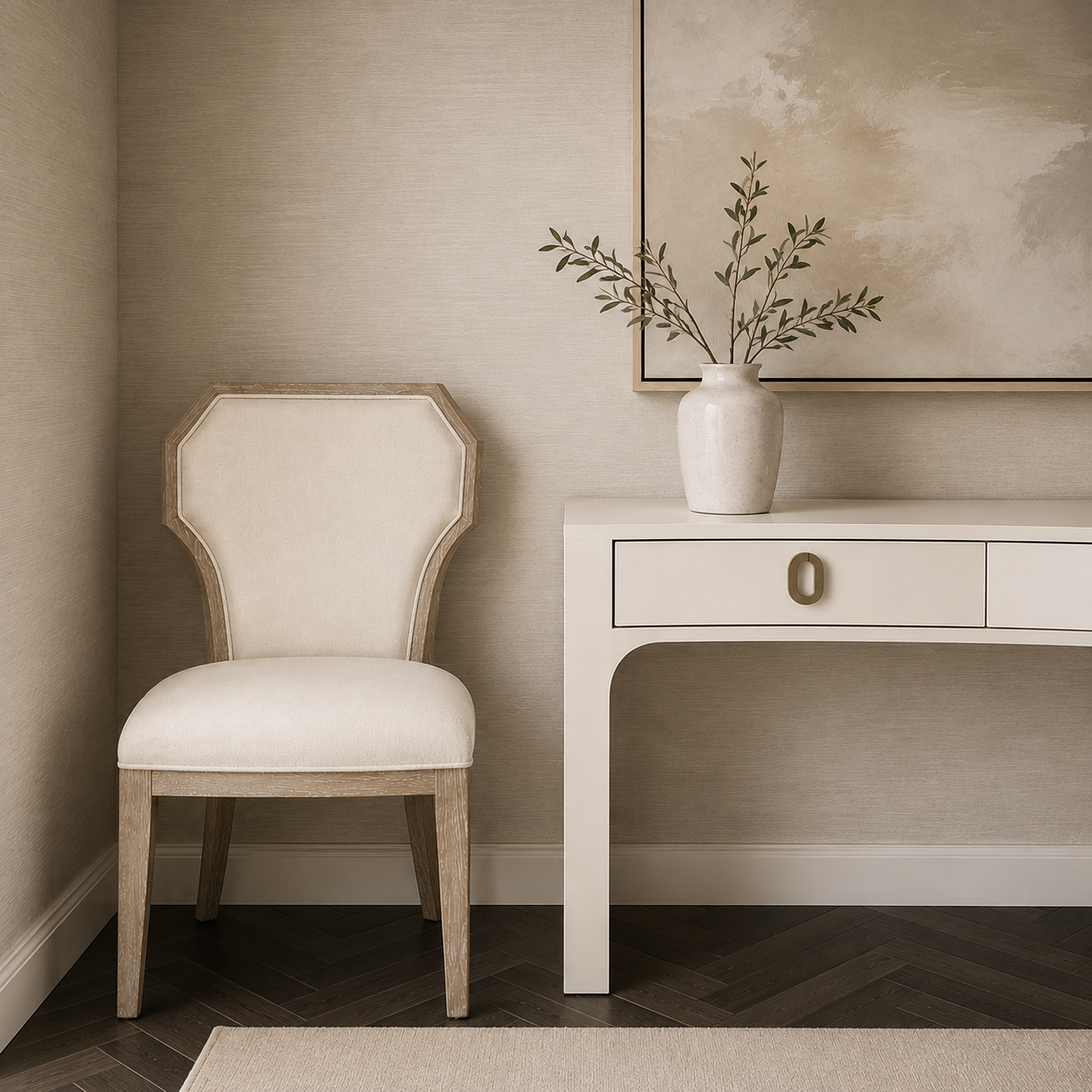 A styled interior corner featuring a light beige upholstered accent chair with a light wood frame next to a white console table with a ceramic vase of branches.
