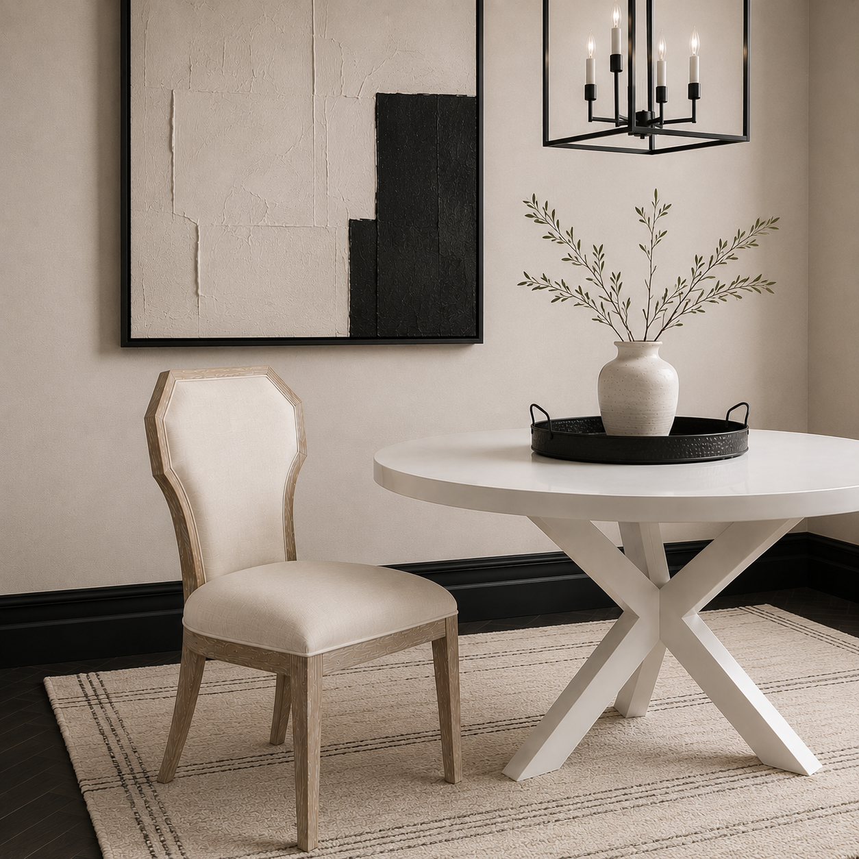 A styled dining room scene featuring a white round table with a white X-base, a light beige upholstered dining chair with a light wood frame, a white ceramic vase with dried branches on a black tray, and a black wall-mounted candelabra hanging above.