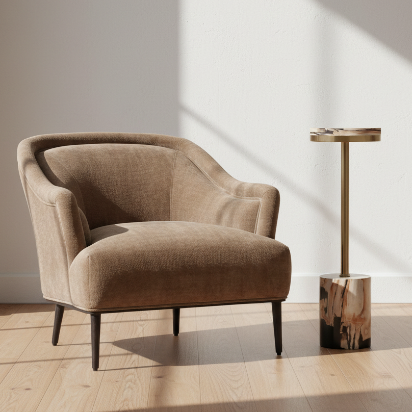 Brown armchair in a room with sunlight casting shadows on the floor
