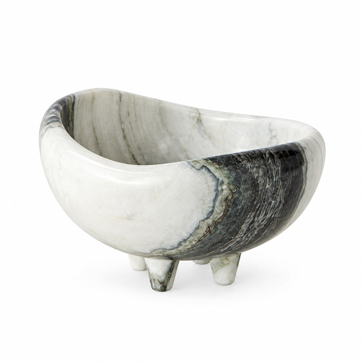 A small sculptural stone bowl with three short legs, made from white marble with dramatic black and gray veining, photographed on a seamless white background.