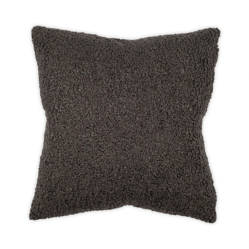 A square throw pillow with a dark brown, textured bouclé or sherpa-like fabric, shown against a plain white background.