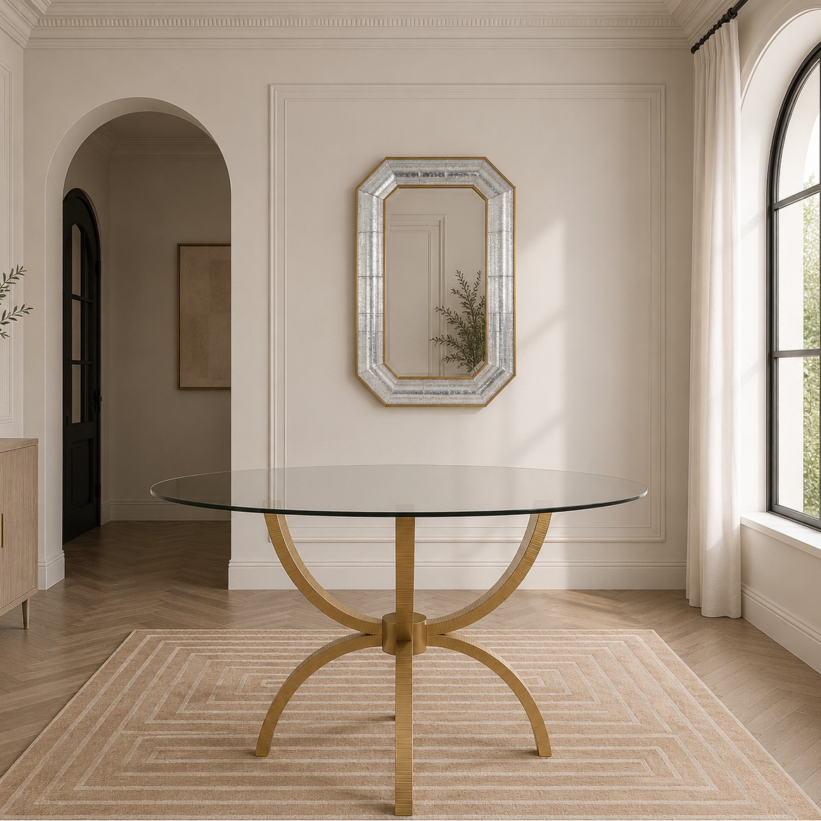 A round glass-top dining table with a curved gold metal base, set on a beige geometric rug in a bright, modern dining room with cream walls and wood floors.