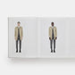 Three instances of a man wearing a beige suit with gray pants on a white background
