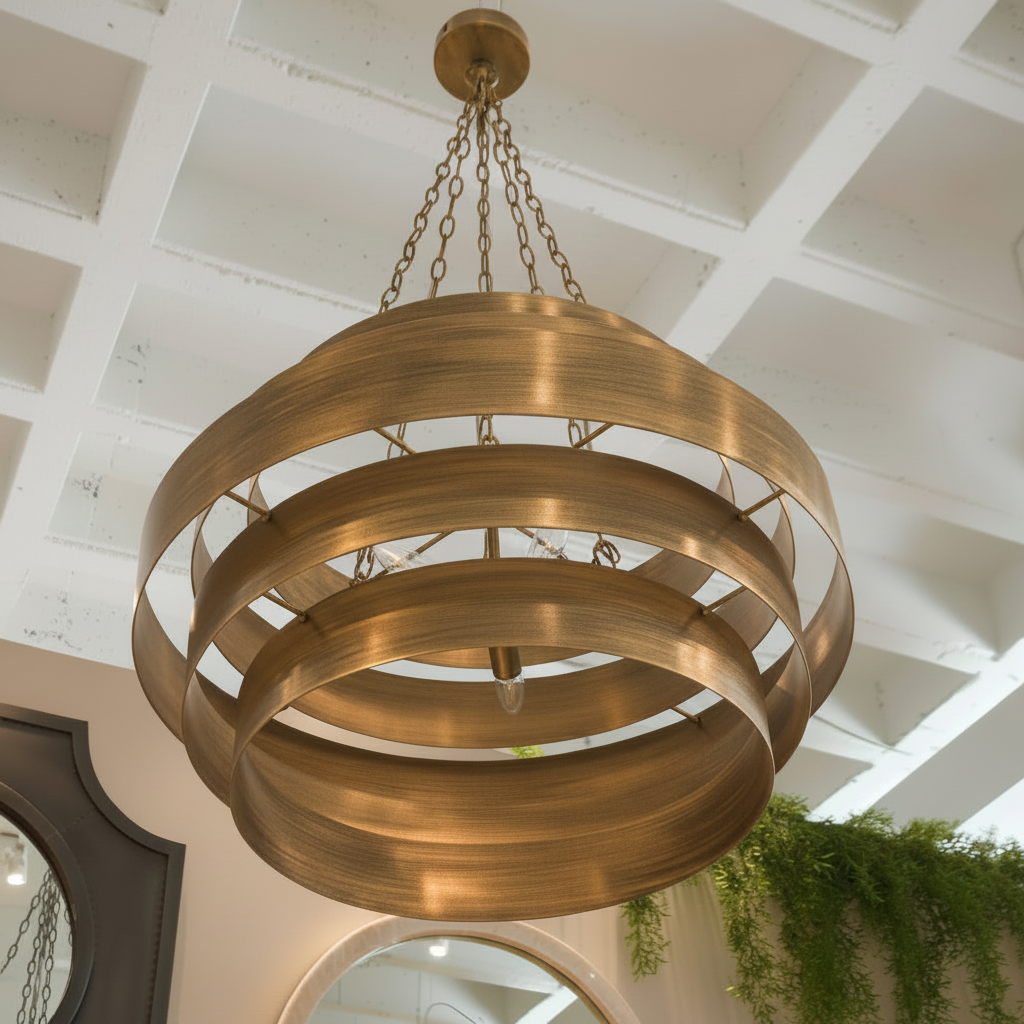 Gold chandelier hanging from a ceiling with a white coffered design