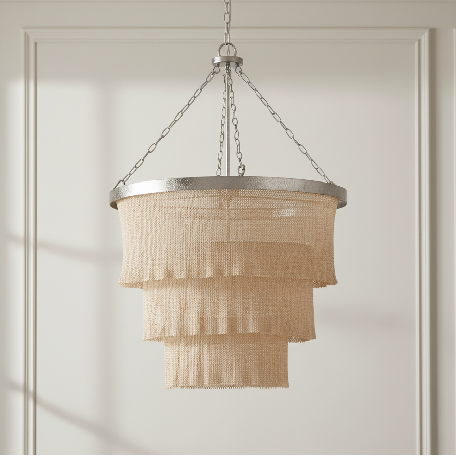 Chandelier with beige mesh design hanging against a neutral wall.
