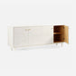 White sideboard with open cabinet on a white background