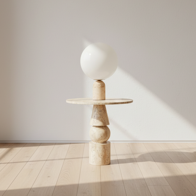 Minimalist sculpture on a wooden pedestal in a sunlit room with a white wall.
