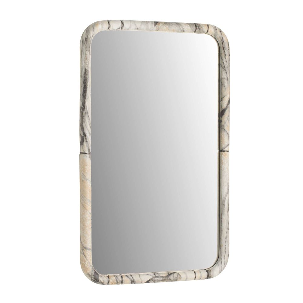 Rectangular mirror with a marble-like frame on a white background
