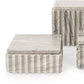 A set of modern stone boxes with fluted, ribbed bases and smooth rectangular tops in a light gray and beige marble-like finish, shown on a white background.